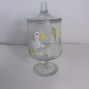Vintage 1983 Duck Glass Pedestal Candy Jar with Lid Country‎ Kitchen Goose Decor
